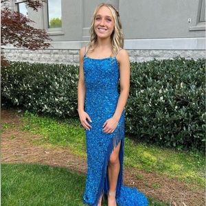 Sherri Hill Blue Sequin Prom Dress with Slit and Fringe